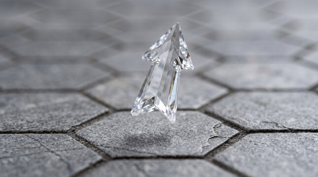 Crystal arrow floating above a hexagonal tile floor
