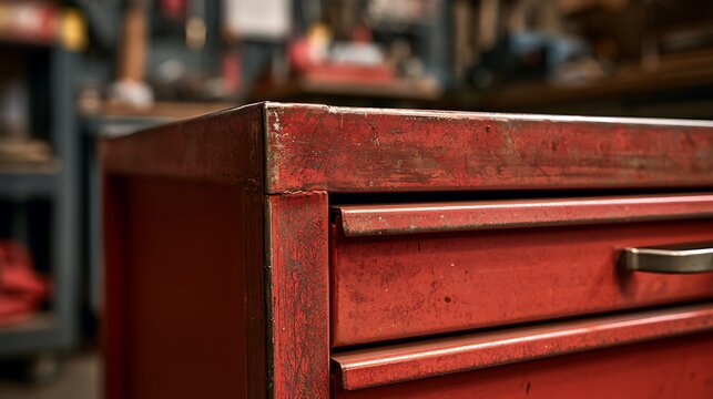 Close up of a weathered red metal tool chest drawer in a workshop.