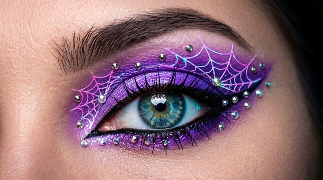 Spooky and glam Halloween eye makeup with purple eyeshadow spider web liner and rhinestones