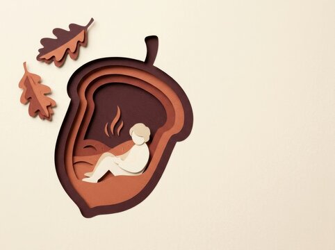 Paper cut craft of a person resting inside an acorn with oak leaves