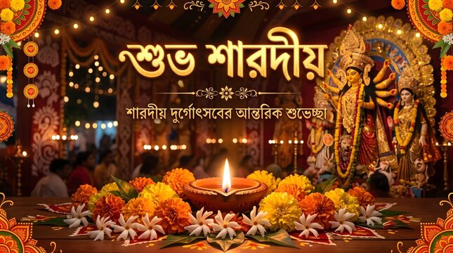 A festive durga puja greeting banner features a central illuminated diya lamp and devotional imagery autumn auspicious