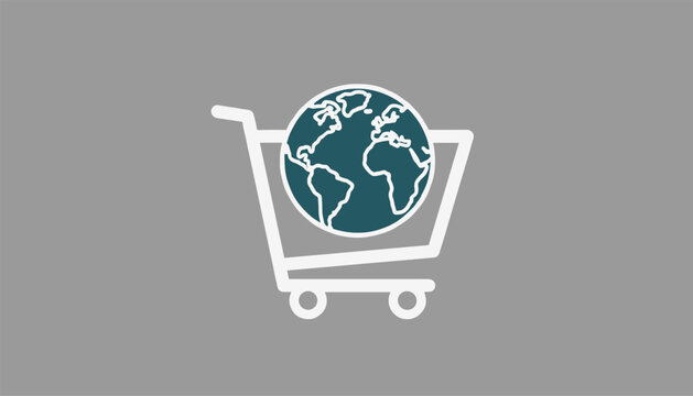 Global e-commerce concept shows a dark teal globe of the world placed inside a white shopping cart outline.