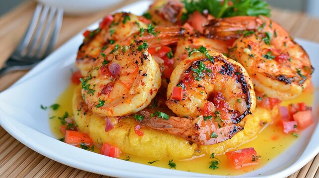 Grilled shrimp rests atop creamy cornmeal mush with a fresh herb and tomato salsa.