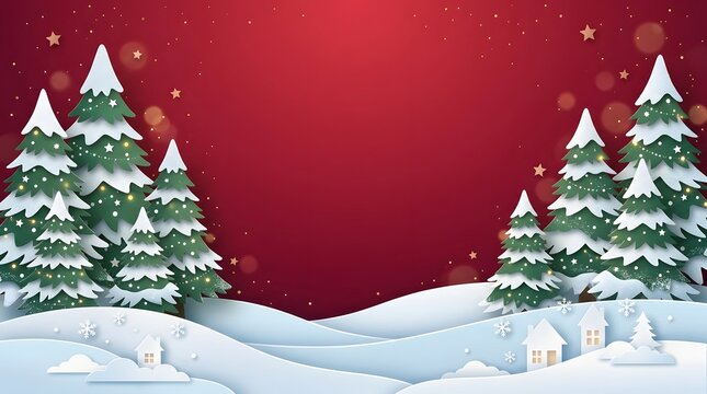 A serene and festive christmas scene unfolds with snow covered evergreen trees against a vibrant red backdrop evoking warmth joy and the spirit