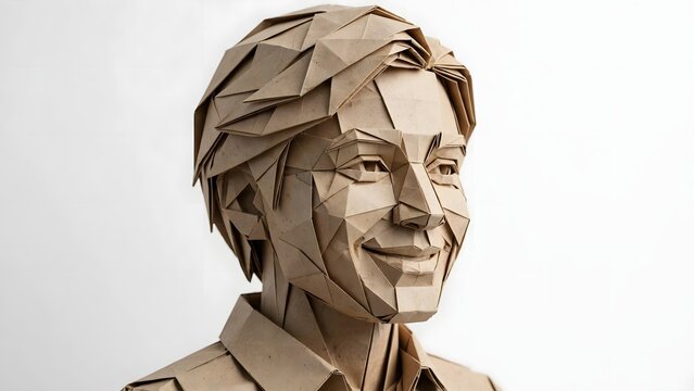 Sculptural portrait of a man crafted entirely from cardboard using intricate origami and low poly paper art techniques