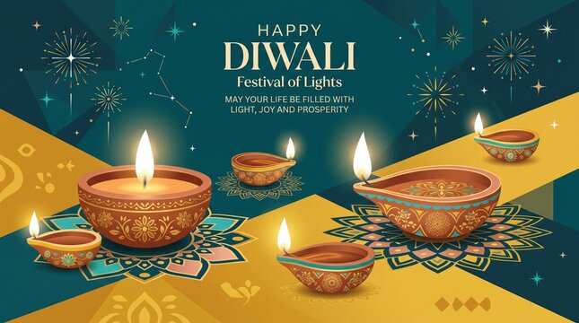 Diwali festival illustration with glowing oil lamps and decorative patterns