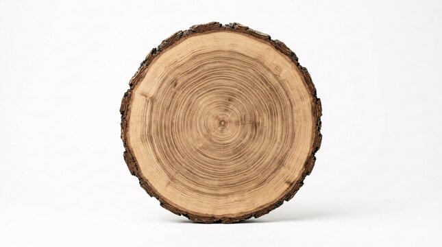Top view of a round wood log slice showing annual tree growth rings isolated on white