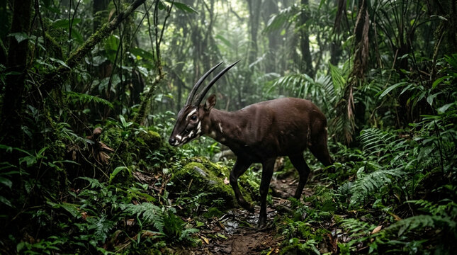 Saola Walking Through Lush Green Tropical Rainforest Habitat in Vietnam Wildlife Conservation Scene