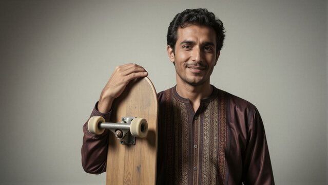 A man in a traditional maroon thobe with gold embroidery holds a wooden skateboard against a seamless gray studio background.