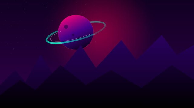 Animated sci-fi landscape with a neon ringed planet and dark geometric mountains. Ideal for synthwave music visualizers, retro-futuristic presentations, cyberpunk web design, and digital backgrounds.