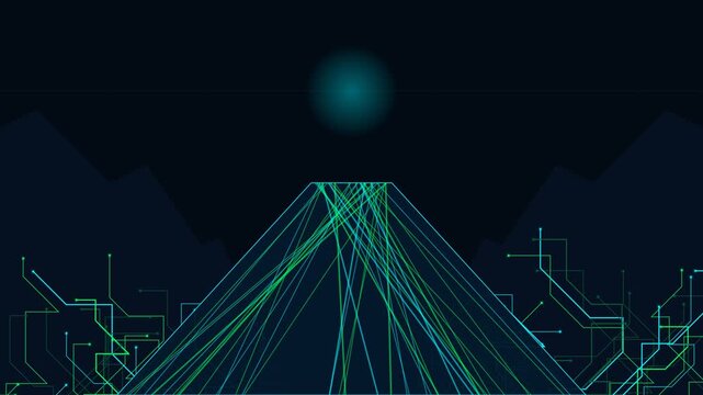 Abstract animation of a digital mountain made of glowing network lines with moving data particles. Perfect for tech backgrounds, cybersecurity web design, AI presentations, and digital concepts.