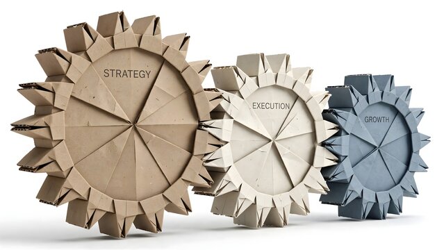 Handmade paper gears symbolizing strategy, execution, and growth in a business process