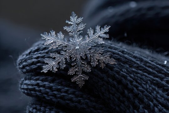 Close-up of a single, perfect ice crystal snowflake resting on dark textured fabric, showcasing its intricate, natural geometry and delicate beauty.