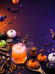 Fototapeta premium Spooky Halloween cocktail and gourmet treats with dry ice mist and copy space on purple background.