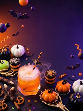 Spooky Halloween cocktail and gourmet treats with dry ice mist and copy space on purple background.