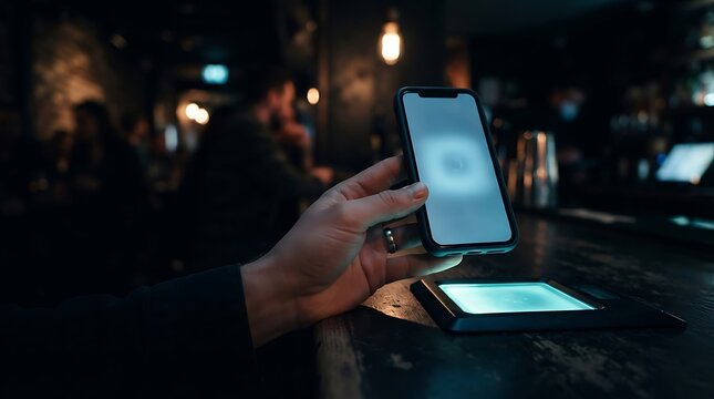 Contactless mobile payment interaction with smartphone and glowing electronic reader pad