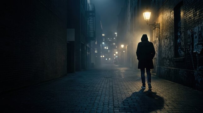 Cinematic lone hooded figure walking down misty dark alleyway at night under a vintage streetlamp, moody noir atmosphere with integrated copy space for commercial use.