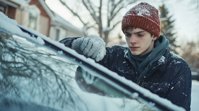 Young man cleaning snowy windshield