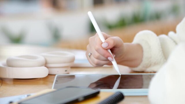 Hand uses stylus on tablet. Nearby, phone and headphones sit on wooden desk. Warm, cozy indoor workspace with soft focus background