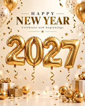 Happy new year 2027 celebration card with gold foil number balloons and festive holiday decorations