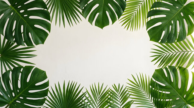 Tropical green palm and monstera leaves border frame with empty copy space for summer design template