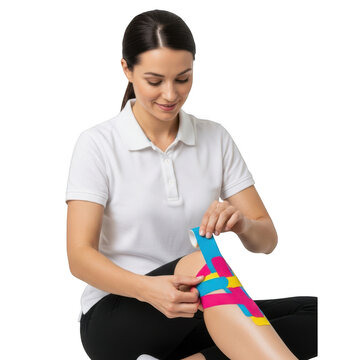 Woman applying colorful kinesiology tape to her injured knee isolated on white background