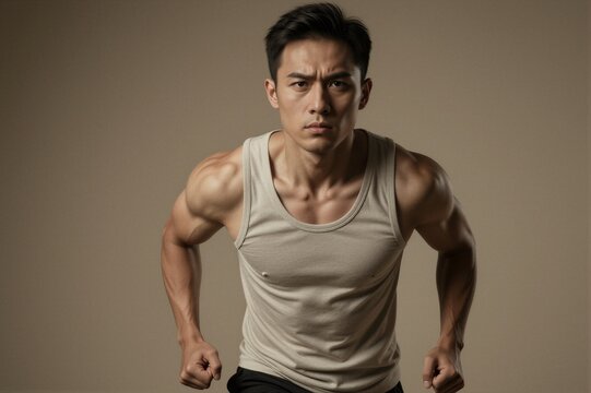 A man in a dynamic running stance wears a beige sleeveless tank top and black athletic pants against a solid brownish-gray background.