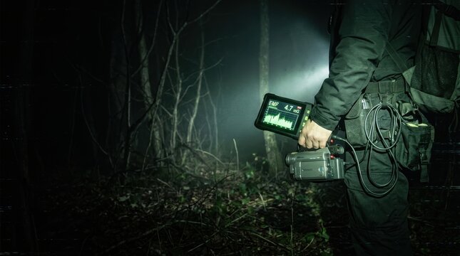 Paranormal investigator in dark forest using EMF reader and camcorder for night ghost hunting.
