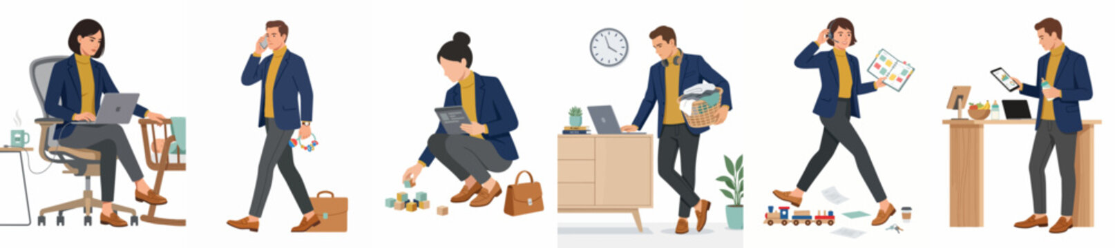 Flat illustrations of a professional business person in various work scenarios such as sitting at a desk, walking, and multitasking in an office environment.