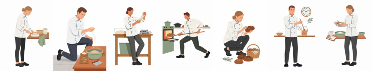 Fototapeta premium Set of professional chefs and bakers in white uniforms performing various culinary tasks like kneading dough, mixing ingredients, and baking in a wood-fired oven.
