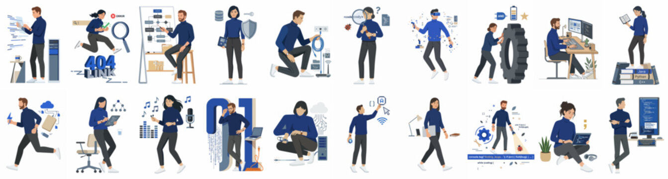 Comprehensive set of flat vector illustrations depicting people working in technology, business, and service sectors, perfect for web design and professional presentations.