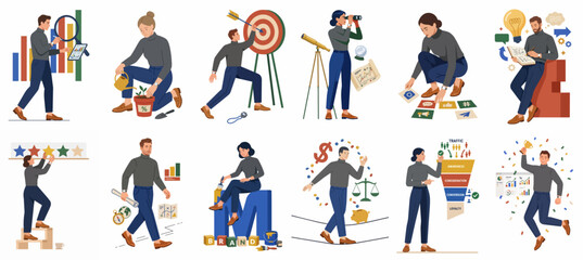 Fototapeta premium Collection of Diverse Business Concept Illustrations Showing People Engaged in Analysis, Growth, Target Setting, Strategy, Marketing, and Celebrating Success in Modern Flat Style.