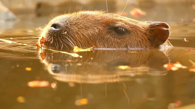 Cute wild capybara stay in water pond with autumn leaves during daylight in nature wildlife environment