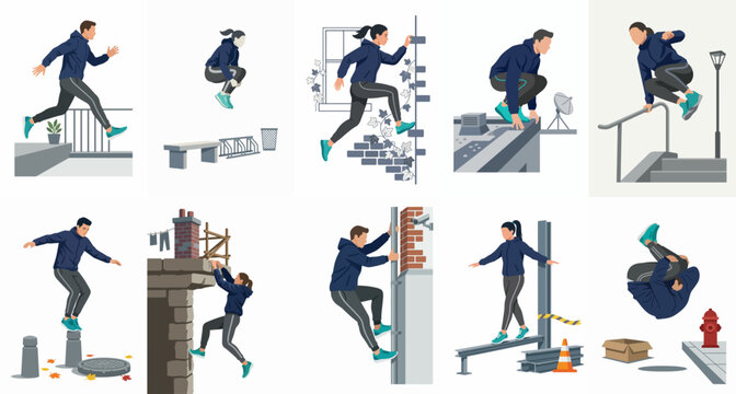 A set of flat illustrations showing people performing parkour and free running activities such as jumping, climbing, and balancing in an urban environment.