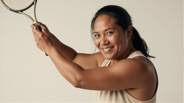 A woman with dark hair and a sleeveless beige tank top holds a tennis racket in a two-handed backhand stance, smiling directly at the camera in a studio setting.