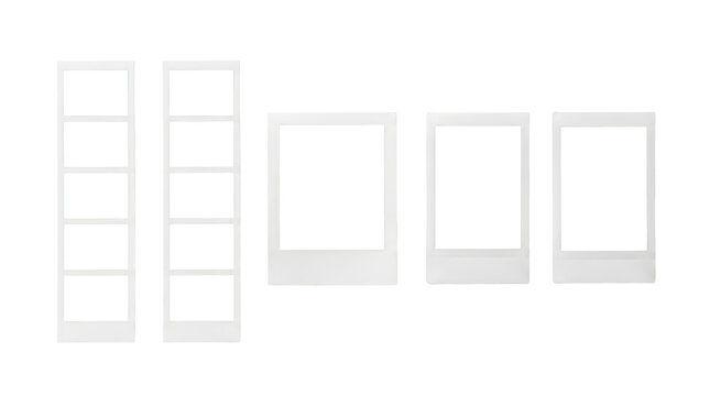 Blank photo booth strips and instant photo frames isolated on transparent background