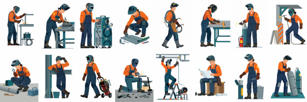 Collection of illustrations featuring professional welders in diverse industrial settings, wearing protective gear and using specialized welding equipment and tools.