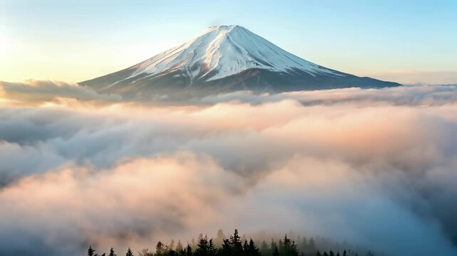 Snow-Capped Mount Fuji Rises Above Sea of Clouds at Sunrise with Soft Golden Light and Forest Silhouette