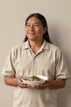 A person presents a steaming bowl of noodles against a light beige wall in a serene kitchen atmosphere, adorned with a few simple utensils and a potted mint plant nearby.