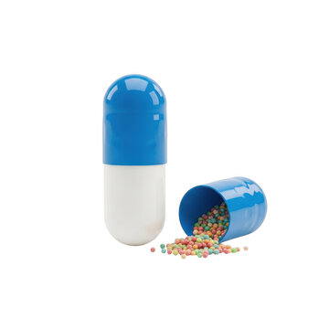 Open blue and white medical pill capsule with small grains isolated on white background
