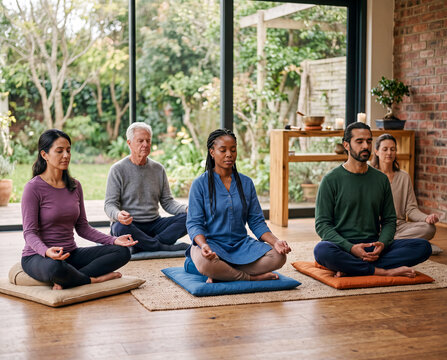 Diverse people meditating together finding inner peace
