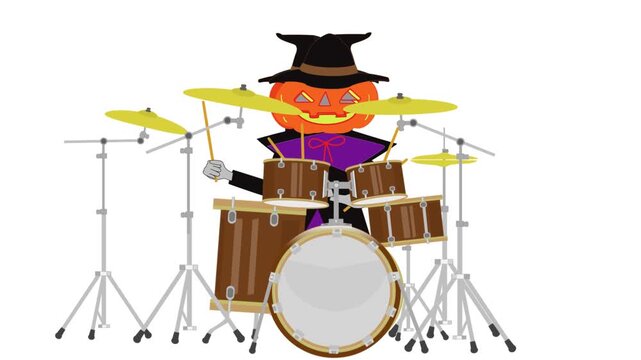 ハロウィンの日にドラムを演奏しているジャックオーランタン。