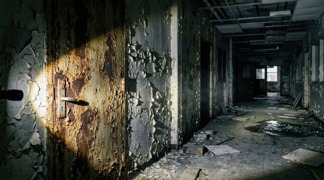 Cinematic Abandoned Asylum Corridor with Rusted Iron Door and Peeling Paint, Tactical Flashlight Beam Illuminating Dark Spooky Hospital Hallway with Large Copy Space