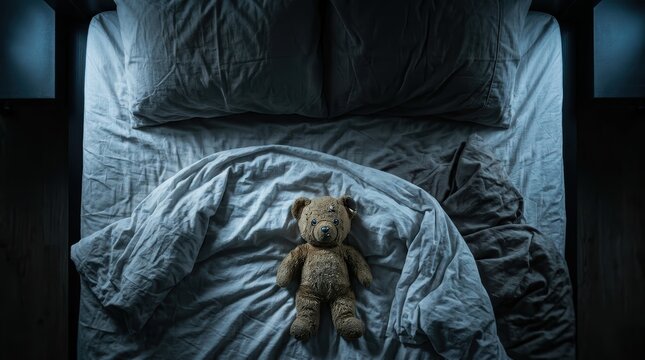 Cinematic top view of a vintage teddy bear on a messy unmade bed with eerie lighting