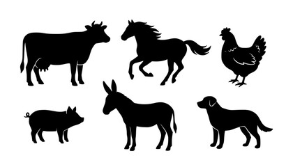 Obraz premium farm, animals, silhouette, minimalist, mid-century, modern, retro, ink, brush, hand-drawn, flat, abstract, black, shapes, cow, horse, hen, piglet, donkey, dog, poultry, livestock, simple, clean, graph