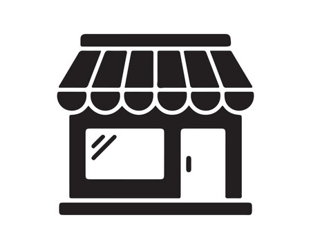 Black storefront shop icon with awning and door retail store business building small business market stall building facade shopping center