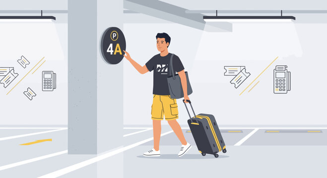 Man with suitcase in parking garage, finding parking spot 4A