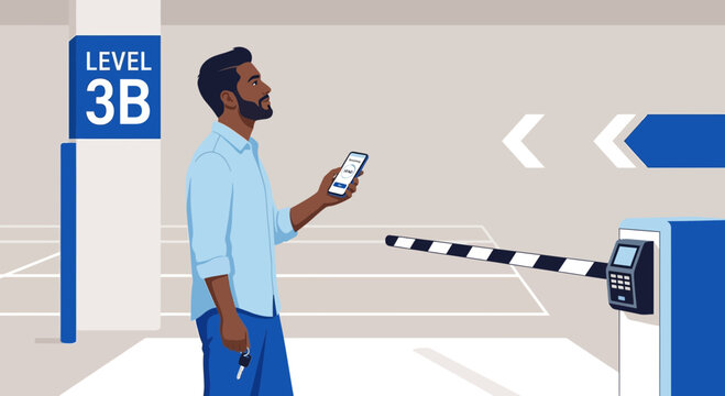 Man with smartphone and keys at parking gate, Level 3B
