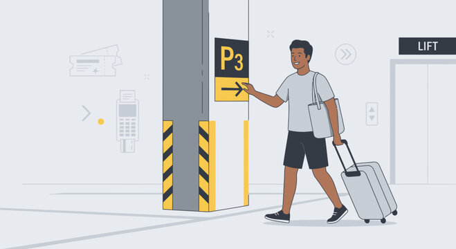 Man with luggage arriving at parking level P3, near payment terminal and ticket dispenser