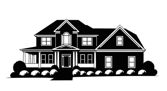 Rustic medieval shack vector silhouette, hand drawn fantasy wooden cabin with chimney and crates, old village timber house illustration, black and white cottage icon for game map and